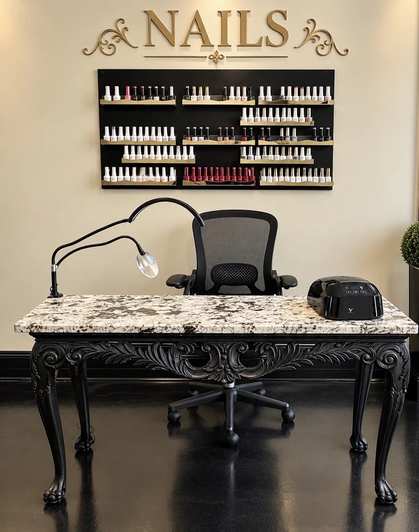 Vogue Studio LLC nail station with gold signage and polish display