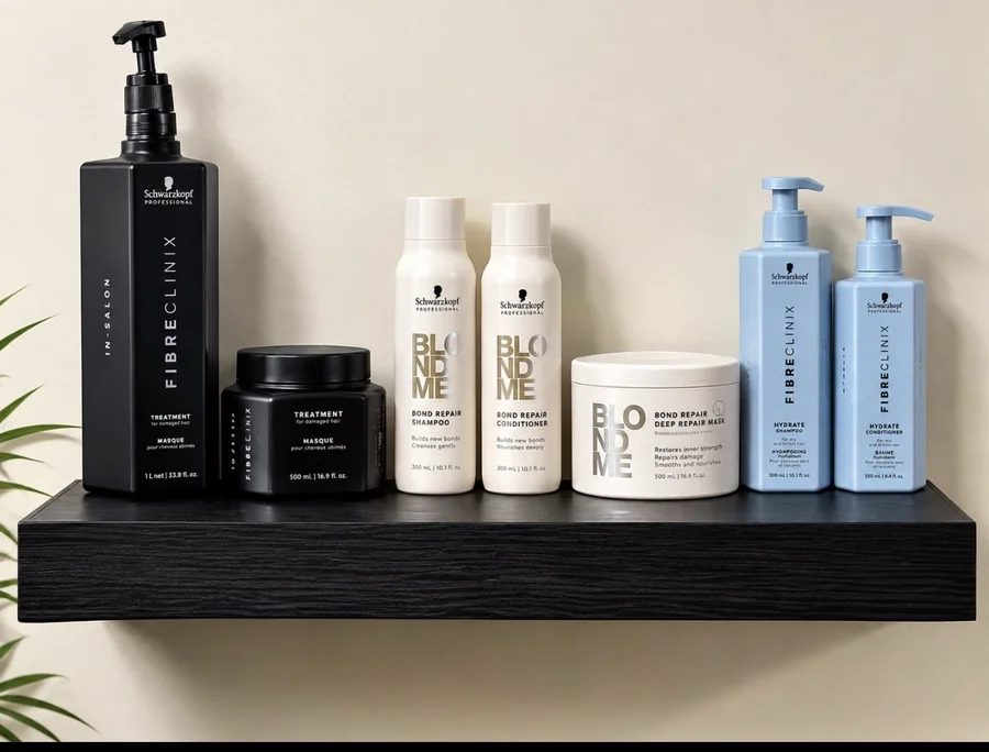 Hair care products displayed inside the salon