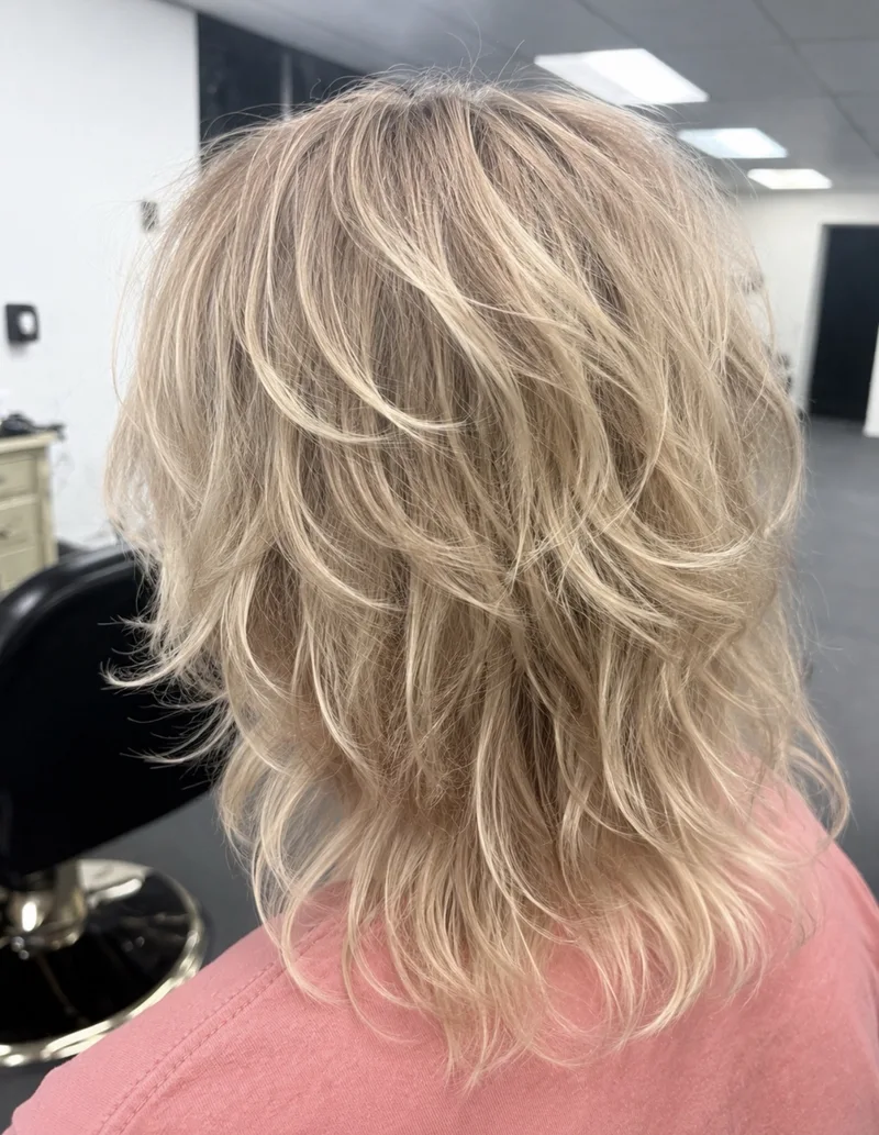 Softly layered blonde hair with dimensional color