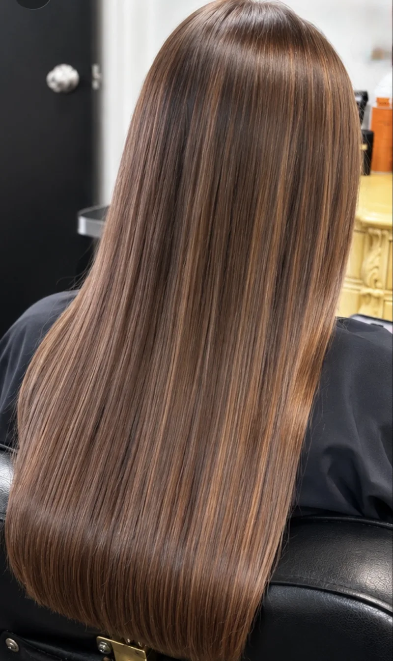 Long, glossy brunette hair with soft dimensional highlights