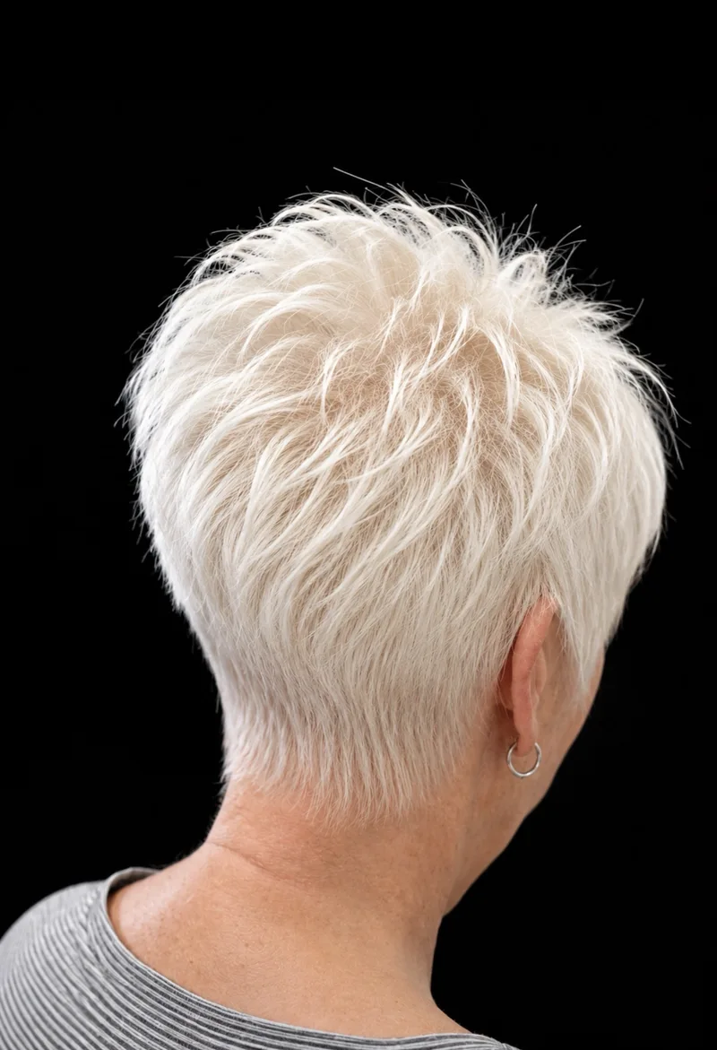 Short platinum pixie haircut photographed from behind
